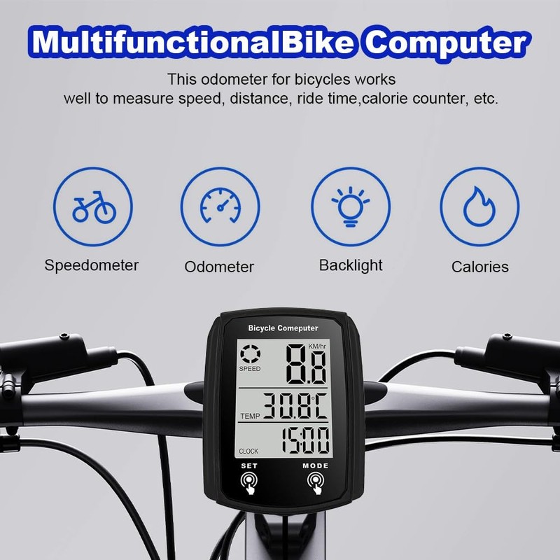 Hojalis Bike Computer, 19 Functions IP54 Waterproof Bicycle Speedometer Odometer,