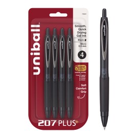 Uniball 207+ Black Retractable Gel Pens 4 Pack with Micro 0.5mm Points, Uni-Ball Click Pens are Fraud Proof and the Best Office Pens, Nursing Pens, Business Pens, School Pens, and Bible Pens