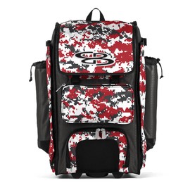 Boombah Rolling Catchers Superpack Baseball/Softball Gear Bag - PS-9124-3000C23 Digital Camo Charcoal/Red- Telescopic Handle and Holds 4 Bats - Wheeled Version