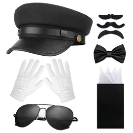 AIUBLS Chauffeur Costume Hat for Men Women Limo Taxi Driver Hat Pocket Squaress Gloves Black Bow Tie Glasses Party Cosplay Dress Up