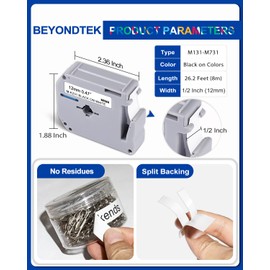 BEYONDTEK 6Pk P Touch M Tape Work with PT-65 PT-70 PT-70BM PT-M95 PTM95 Replace with Brother P Touch M Tape 12mm 0.47 M-K 131 M-K231s 431s 531s 631s 731s for Brother PTouch PT-45 PT-80 PT-90,8m 26.2ft
