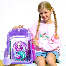 AGSDON 3PCS Clear Backpack for Girls, Kids Mermaid Transparent Bookbag Heavy Duty, Cute See Through Backpacks with Lunch Bag - Purple