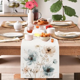 Bonhause Watercolor Floral Table Runner 13x72 Inch Blue Brown Flowers Seasonal Summer Spring Kitchen Dinning Table Decoration for Indoor Outdoor Home Party Decor