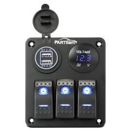 Partsam Panel de interruptor basculante de 3 bandas de 12 V-24 V, impermeable, interruptor de palanca marina, panel de encendido y apagado de aluminio con 2 cargadores USB, visualización de voltímetro LED, para coche, barco, yate, camión, remolque, RV, S