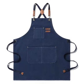 Tosewever Canvas Cross Back Chef Cotton Aprons for Men Women with Large Pockets (Blue)