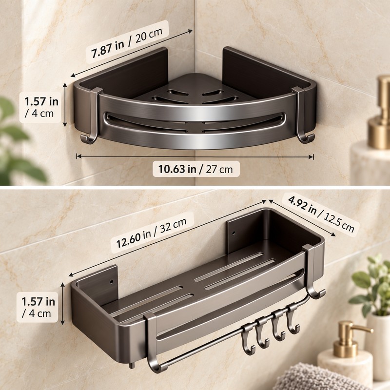 Aluminum Shower Caddy for Bathroom Storage – No-Drill Wall-Mounted Organizer