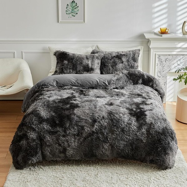 Wajade Faux Fur Plush Tie Dye Dark Grey White Comforter