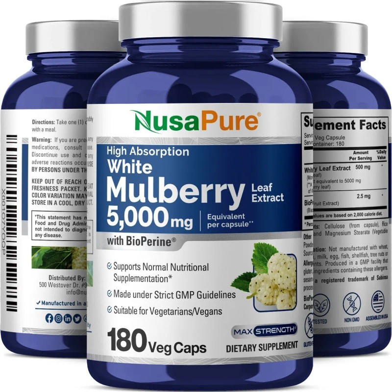NusaPure White Mulberry Leaf Extract 5,000mg 180 Veggie Caps Non-GMO