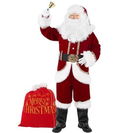 Boveco Christmas Men’s Santa Costume Set Adult 11 Pcs Deluxe Santa Claus Costume Suit Velvet for Xmas Holiday Party Cosplay XL