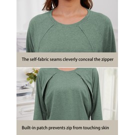 Ecavus Women's Nursing Shirts for Breastfeeding with Zipper Long Sleeve Defined Seams Comfortable Breastfeeding Shirts Heather Green
