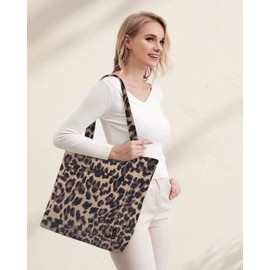 Prite Corduroy Tote Bag for Women Large Shoulder Bag with Zipper and Pockets for College Work Travel Shopping(Leopard Print)