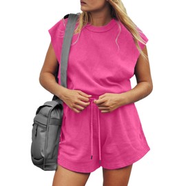 Glamaker Womens 2024 Rompers Open Back Jumpsuits Onesie One Piece Sweatsuit Outfits with Pockets(Rose Pink S)