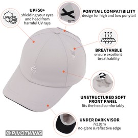 PivotWing Running Hat Ponytail Hat Womens Baseball Cap UPF50+ Baseball Cap Women Ponytail Hats for Women Quick Dry Breathable Running Hats for Hiking Walking Golf Tennis Sports Light Gray 56CM