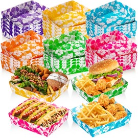 Nitial 24 Hibiscus Party Paper Food Trays Disposable Luau Party Food Boats Hawaiian Themed Decorations 5 lb Hawaiian Tray for Hibiscus Tropical Theme Supplies