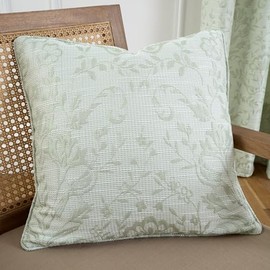 Curtina - Sage Green Floral & Bird Woven Cushion (43 x 43cm) - Vintage Green Flower Cushion for Living Room/Bedroom - Green Filled Cushion (Cushions with Covers Included) - Matching Curtains Available