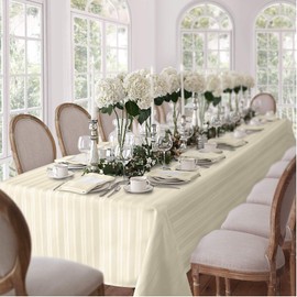 Newbridge 60 x 144 Inch Rectangle Ivory Fabric Tablecloth, Denley Satin Stripe, 100% Polyester, No Iron Soil Resistant Dining Room, Heavy Weight Party Table Cover