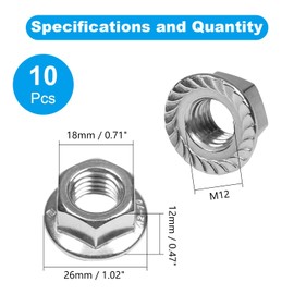 Yinpecly 10 Pcs M12-1.75mm Serrated Flange Hex Nuts, M12 Hexagon Flange Nuts,304 Stainless Steel, Metric Hex Lock Nuts, Locknuts Replacement Nut Full Thread for Industrial Construction Fasteners