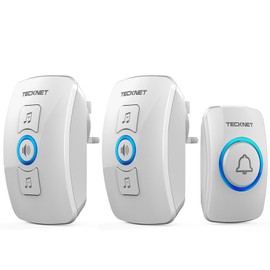 TECKNET Wireless Doorbell - IP65 Waterproof Twin Door bell, Plug in wireless doorbell with 2 receivers at 1300ft/400M Wireless Range, 60 Chimes, 5 Level Volumes & Blue Light, Plug in Door Bell, White