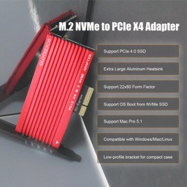 GLOTRENDS PA15 M.2 NVMe to PCIe 4.0 X4 Adapter for M.2 NVMe SSD, Extra Large Aluminum Heatsink, Regular and Low-Profile Bracket（Red）