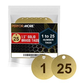 Performore 1.5" Solid Brass Numbered Valve Tags (1-25) Round Disc with 3/16" Hole, Stamping Chits for Pipe Valves, Keys, Tool and Equipment Labeling (Pack of 25)