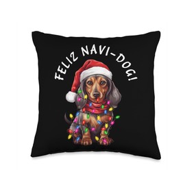 Dachshund or Weiner Saying Feliz Navi-Dog! Navidad Funny Dachshund or Weiner or Sausage Feliz Navi-Dog Throw Pillow, 16x16, Multicolor