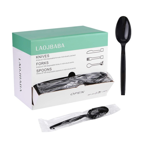 Laojbaba Plastic Spoons Disposable Individually Packaged Spoons Black 7-Inch Commercial Take Away Spoons,Super Hard Mass Heavy Individually Wrapped Spoons 100 PCS