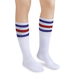 Leotruny Calcetines de tubo alto hasta la rodilla: calcetines sobre la pantorrilla para mujeres y hombres, calcetines deportivos de rayas retro, C03-3 pares Blanco/Azul/Rojo, One Size