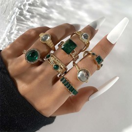 Zeshimb Stackable Rings Set for Women Dainty Emerald Green Crystal Teardrop Square Knuckle Rings Stacking Diamond CZ Index Finger Rings Aesthetic Jewelry for Women, Metal, No Gemstone