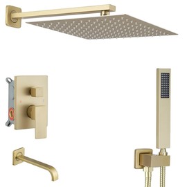 JingGang Brushed Gold Rain Shower System Tub Shower Faucet Set 12 Inch Square Rainfall Shower Head with Handheld Sprayer and Tub Spout Rough-in Valve Shower Mixer Combo