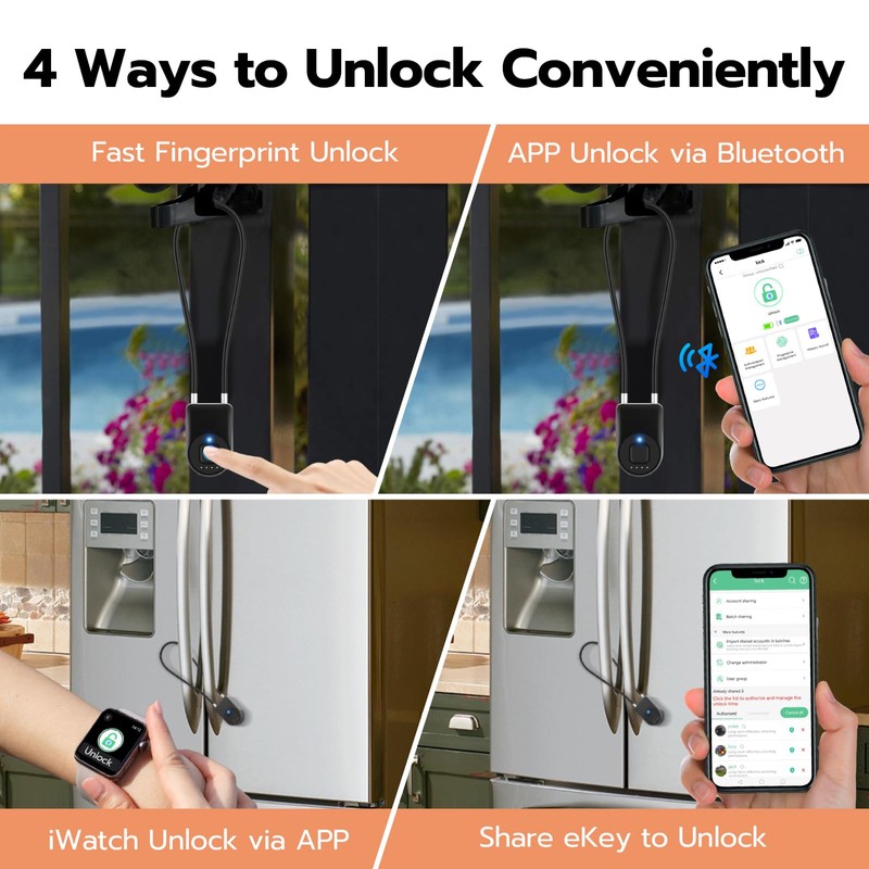 Fingerprint Cable Lock, eLinkSmart Fridge Locks with Bluetooth APP Control,