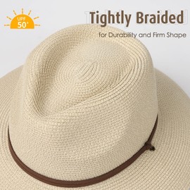 FURTALK Womens Summer Straw Sun Hats Wide Brim Panama Fedora Beach Hat with Wind Lanyard UPF 50+ Beige