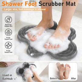 Shower Foot Scrubber Mat Silicone Back Exfoliating Cleaner, Feet Message Bath Washer Pad with Suction Cups for Wall Non-Slip - Itchy Toes Dead Skin Beauty Deep Clean Soft Bristles 14.2 * 11.2in Grey
