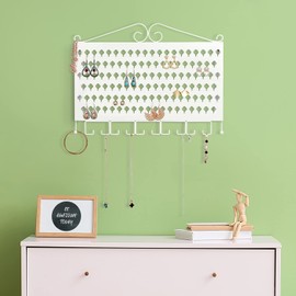 J JACKCUBE DESIGN Wall Mounted Jewelry Organizer, Earring Necklace Bracelet Rings, Accessories Holder Display Hanger Rack with 117 Holes & 12 Hooks (White, 16.54 x 12.2 x 0.75 inches) - MK319B