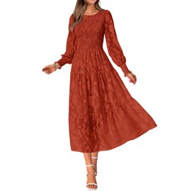BTFBM Casual Women's 2025 Fall Dresses Elegant Wedding Guest Dress Long Sleeve Floral Midi Dress Flowy Bohemian Long Dress(Brick Red,XX-Large)