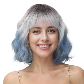 BUYOGET Wavy Bob Wig with Bangs Synthetic Hair Shoulder Length 12 Inch Short Curly Wigs for Women Ombre Silver to Blue