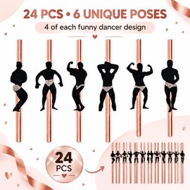 CARAGO 24 Pcs Hen Party Straws Rose Gold Naughty Straw, Hen Party Accessories Hen Do Accessories Metallic Paper Straws with Funny Male Dancer Cutouts for Bridal Shower Girls Night Out Birthday Party