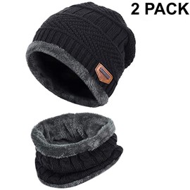 Aufondof 2-Pieces Winter Warm Knit Beanie Hat Neck Warmer Scarf with Thick Fleece Lining Winter Cap Scarves for Men and Women, Black