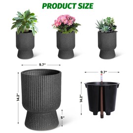 GarveeLife 14.2" Planters Set of 2, Outdoor＆Indoor Black Planter Pots, Planter Pots with Inner Bucket and Water Level Monitor, for Patio, Porch, Living Room, or Home Office, Marble Black