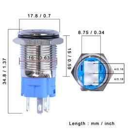 5pcs【16mm】Metal Push Button Switch 12V/24V Waterproof Self-Locking Switch On-Off (Blue LED)