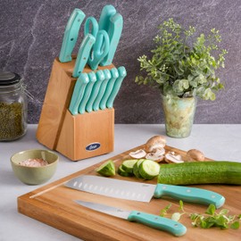 Oster Evansville 14 Piece Stainless Steel Cutting Kitchen Knife Cutlery Set with Wooden Block Holder and Knife Sharpener, Turquoise