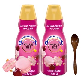 Premium Liquid Coffee Creamer.- Pack of Two (2) 32 fl oz Bottles of Smooth & Creamy Delightful Coffee Creamer and Candy Freezer Wooden Spoon (Almond Cherry Macaron) - Wooden Spoon