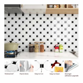 FunStick White Hexagon Peel and Stick Backsplash for Kitchen 12"x12" Removable Black Square Back Splash Peel and Stick on Tiles for Kitchen Bathroom Self Adhesive Wall Tile Stickers Waterproof 5 Pcs