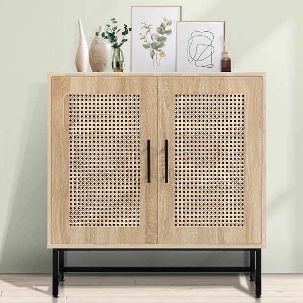KFO Storage Cabinet with Handmade Natural Rattan Doors, Rattan Cabinet Sideboard Buffet Cabinet, Accent Cabinet for Living Room, Hallway, Dining Room, Entryway