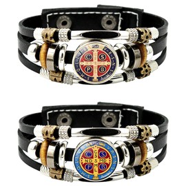 WenRity 2Pcs Glow in The Dark Medalla de San Benito Bracelet Men's 3-layer Leather Saints Cross Bracelet Snap Buttons for Father Husband Couples Son Jewelry (Black)
