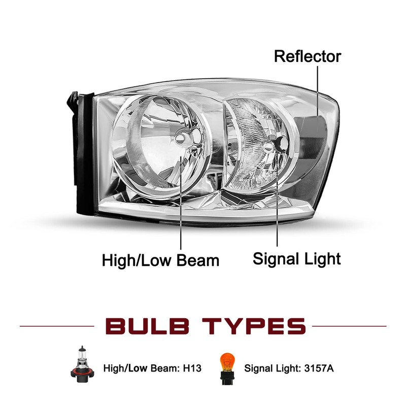 JSBOYAT Headlight Assembly Fits for 2006-2008 Dodge Ram 1500/2006-2009 Dodge