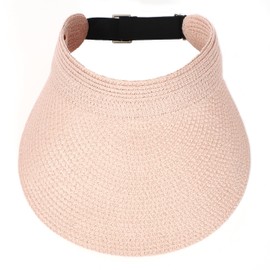 Womens Beach Straw Sun Visor Hat Ponytail Hole UV Protection Wide Brim Summer Cap Packable for Travel UPF 50+(Pink)