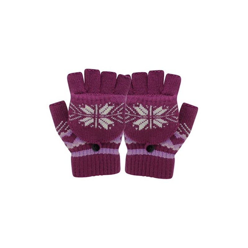 Atania Ladies Fairisle Fingerless Mitten Cap Gloves Purple