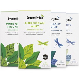 Dragonfly Tea Green Tea Collection (4x20-80 Teabags) Green Tea Gift Set, Organic Green Tea Bags, Swirling White Mist, Pure Green Mountain, Moonlight Jasmine & Moroccan Mint, Green Tea Selection.