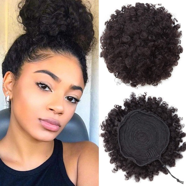 Afro Ponytail Puff Drawstring -100% Human Hair Extension Short Curly Updo Hair Afro Bun Afro Chignon for Black Women [Medium]
