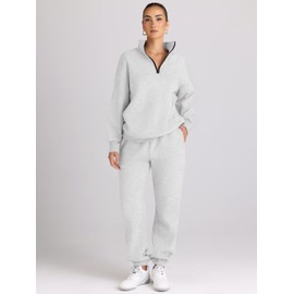 AUTOMET Women's Sweatsuits 2 Piece Outfits Long Sleeve Half Zip Pullover and Baggy Sweatpants with Pockets Grey XL